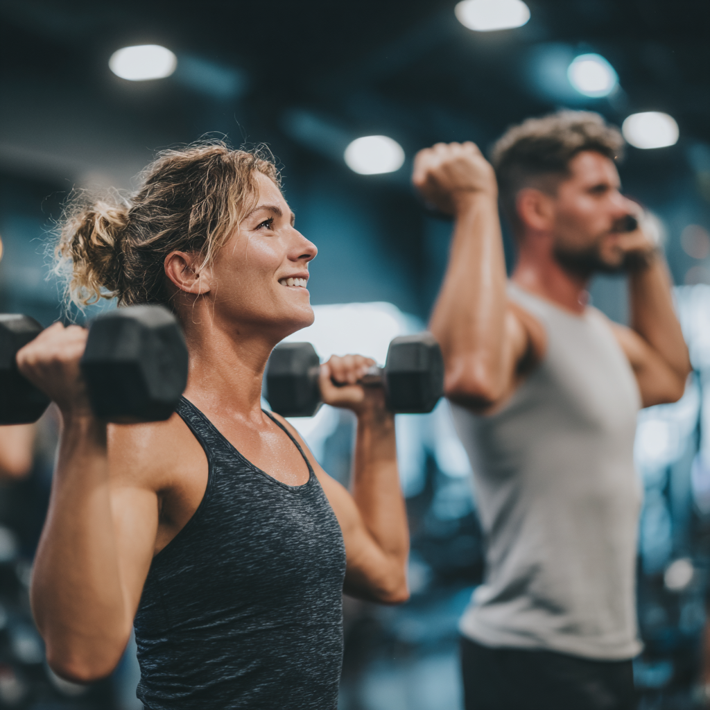 Diverse group of Hungarian adults celebrating fitness achievements in a supportive gym environment